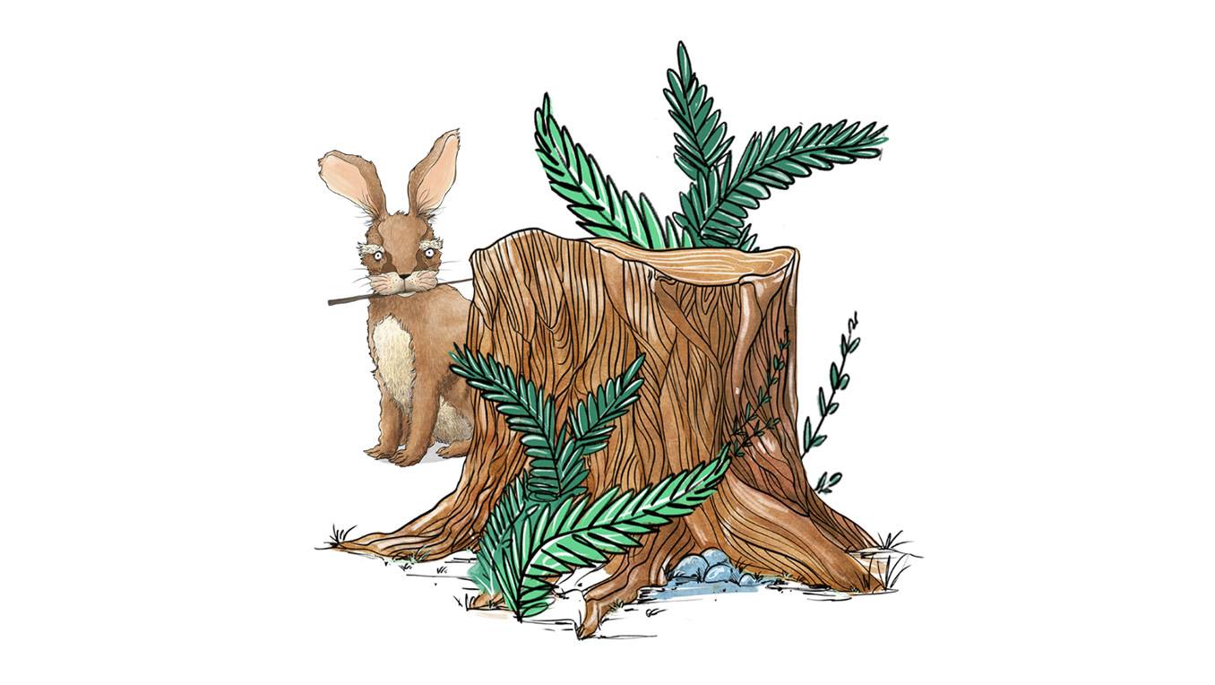 A drawing of a rabbit with a wand in its mouth hiding behind a tree stump and foliage
