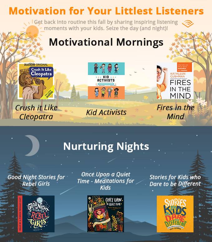 A poster showing the covers of motivational audiobooks perfect for both kids and adults separated by day and night