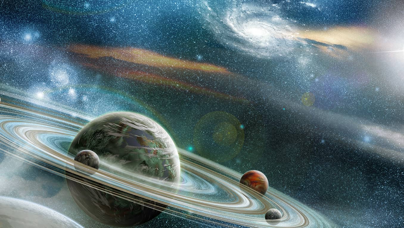 Image of a large planet with rings in a distant galaxy surrounded by stars