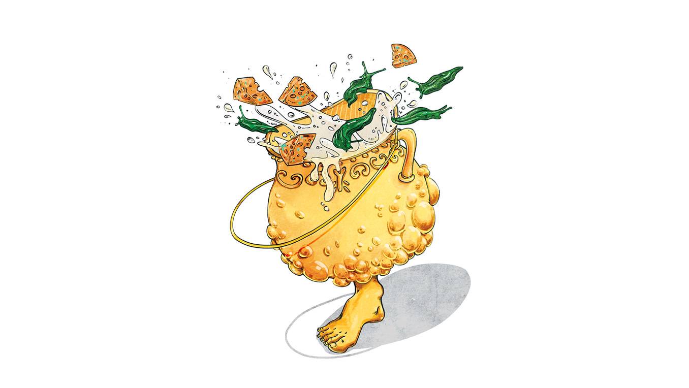 A drawing of a magic pot filled with slugs and cheese wedges hopping about on a human foot that has magically grown out the bottom