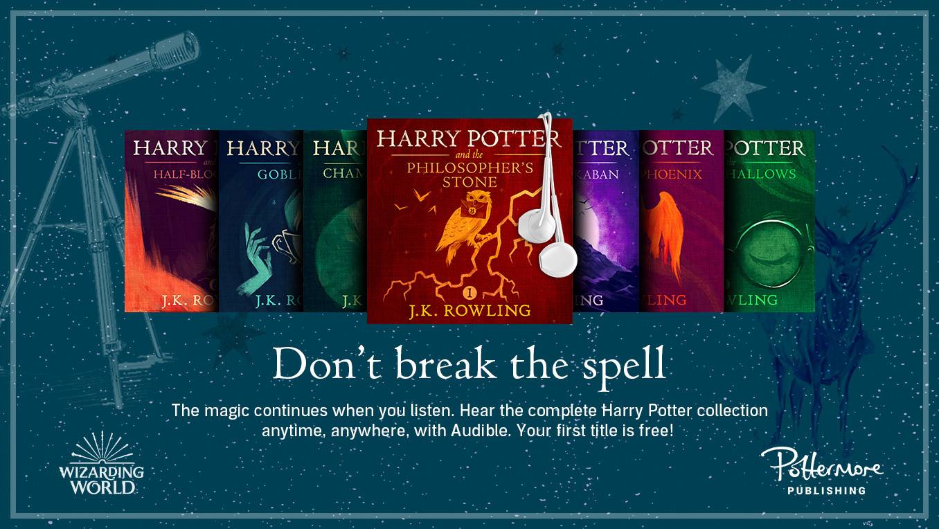 A digital banner showing the covers of various Harry Potter audiobook titles, with white earbuds dangling from the corner of one of them