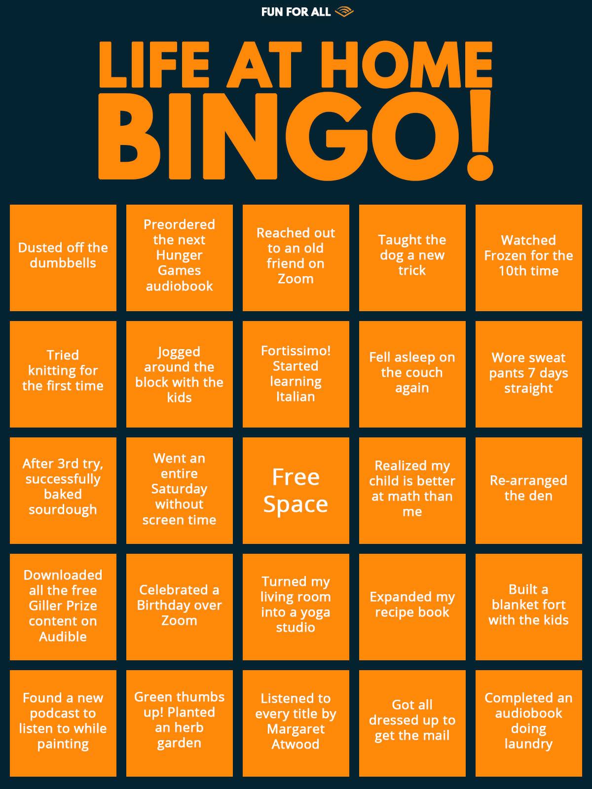 A digital recreation of a bingo card filled with common living-at-home activities such as “re-arranging the den”