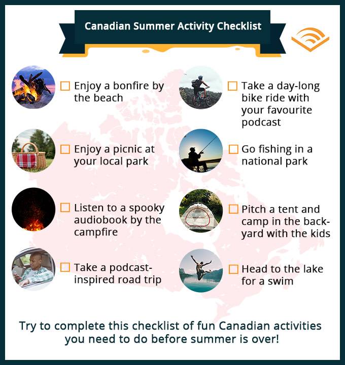 A digital poster featuring a checklist of  essential Canadian summer activities, like biking, camping, and picnicking