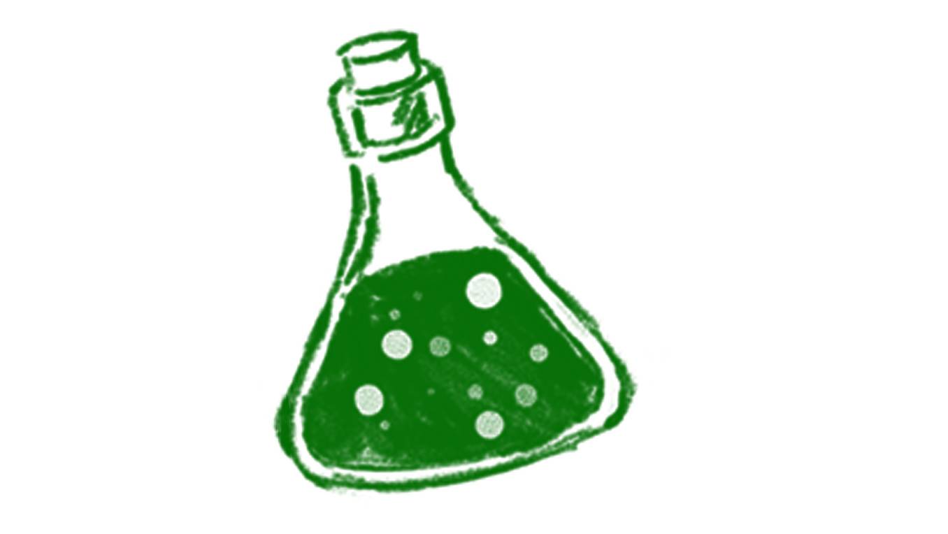 A drawing of a stoppered green vial containing a bubbling chemical liquid