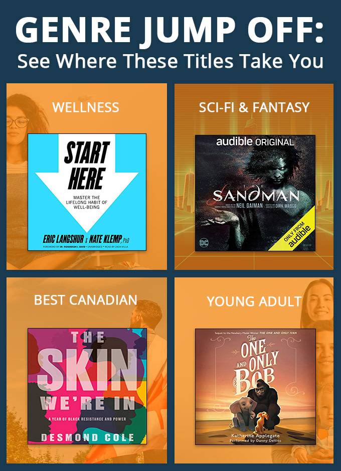 A poster showing off audiobook covers for 4 distinct genres, sci-fi, wellness, YA and Canadian fare 
