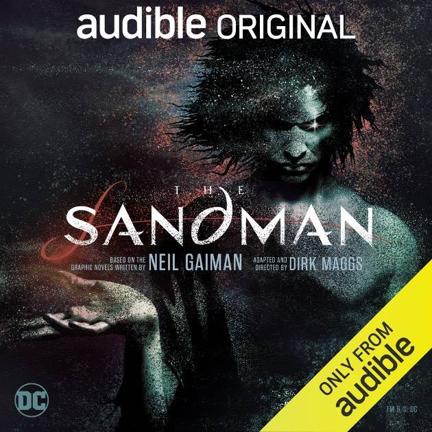 The cover of the Sandman audiobook, featuring the DC logo and an image of a man partly composed of sand.