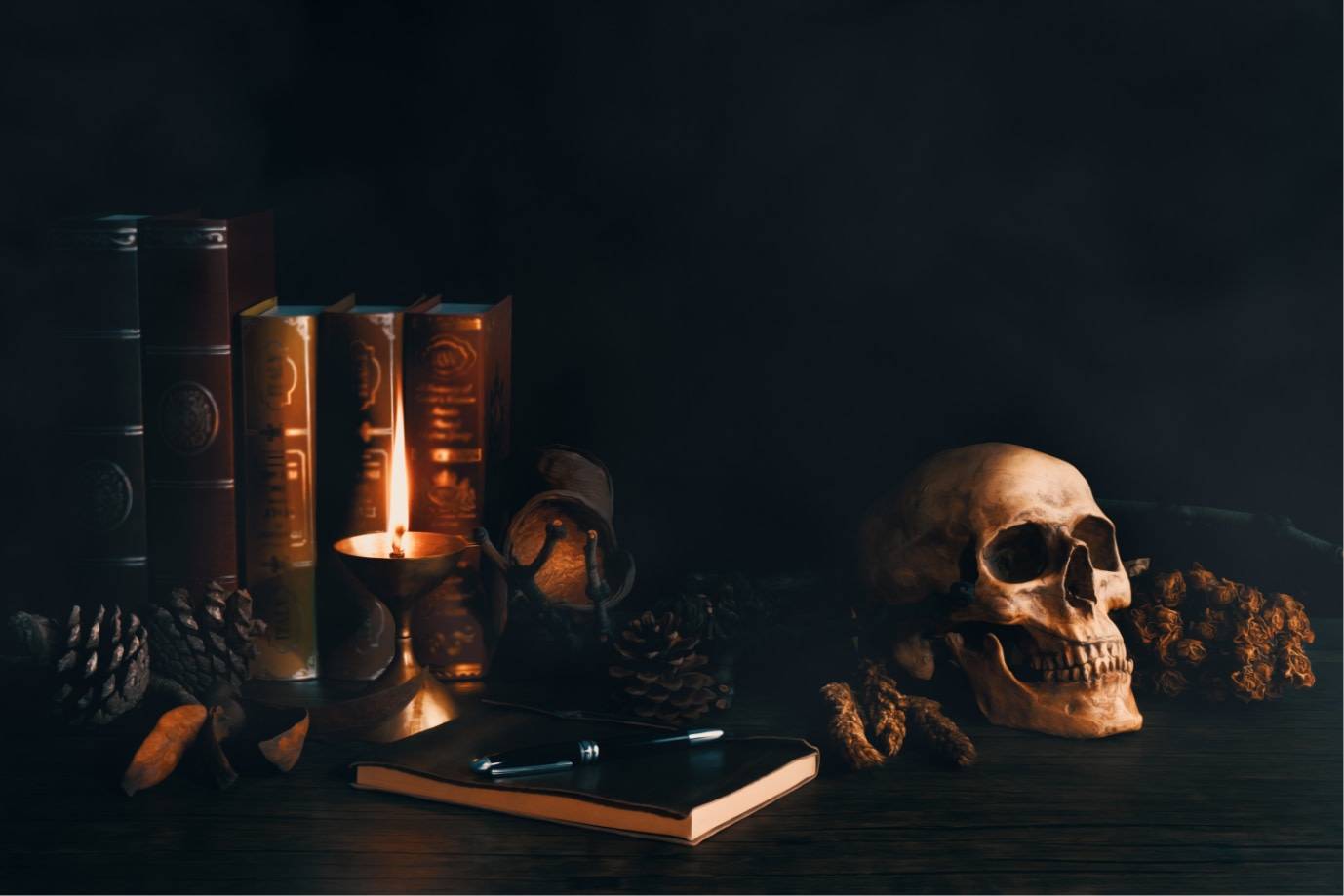 An eerie photo of old books, pinecones, a candle and a skull