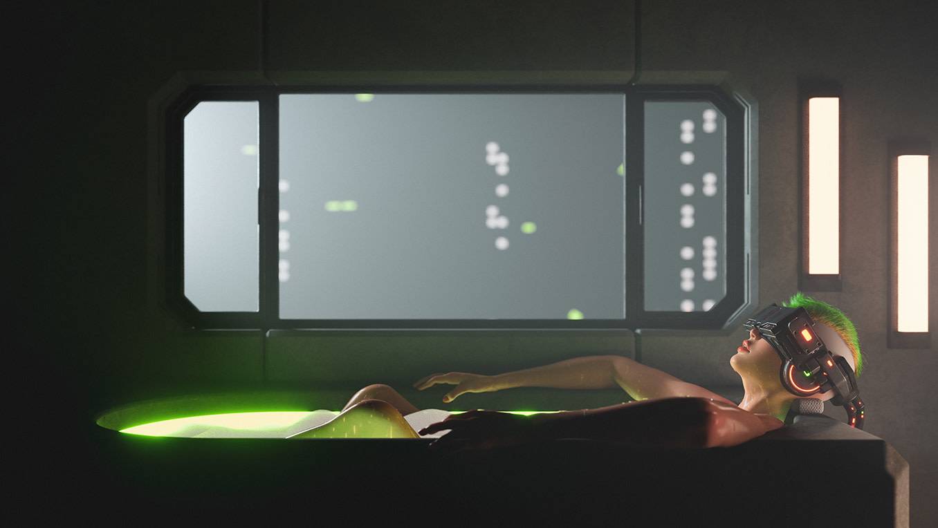 Jeune femme dans un bain futuriste relaxant dans un bain avec un casque de réalité virtuelle