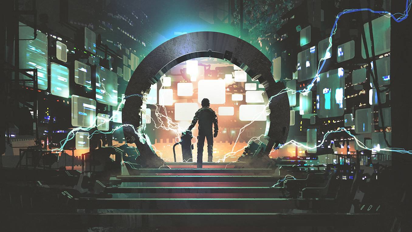 A man is silhouetted against a circular portal in room filled with space-age machinery, as arcs of electricity crackle in the foreground
