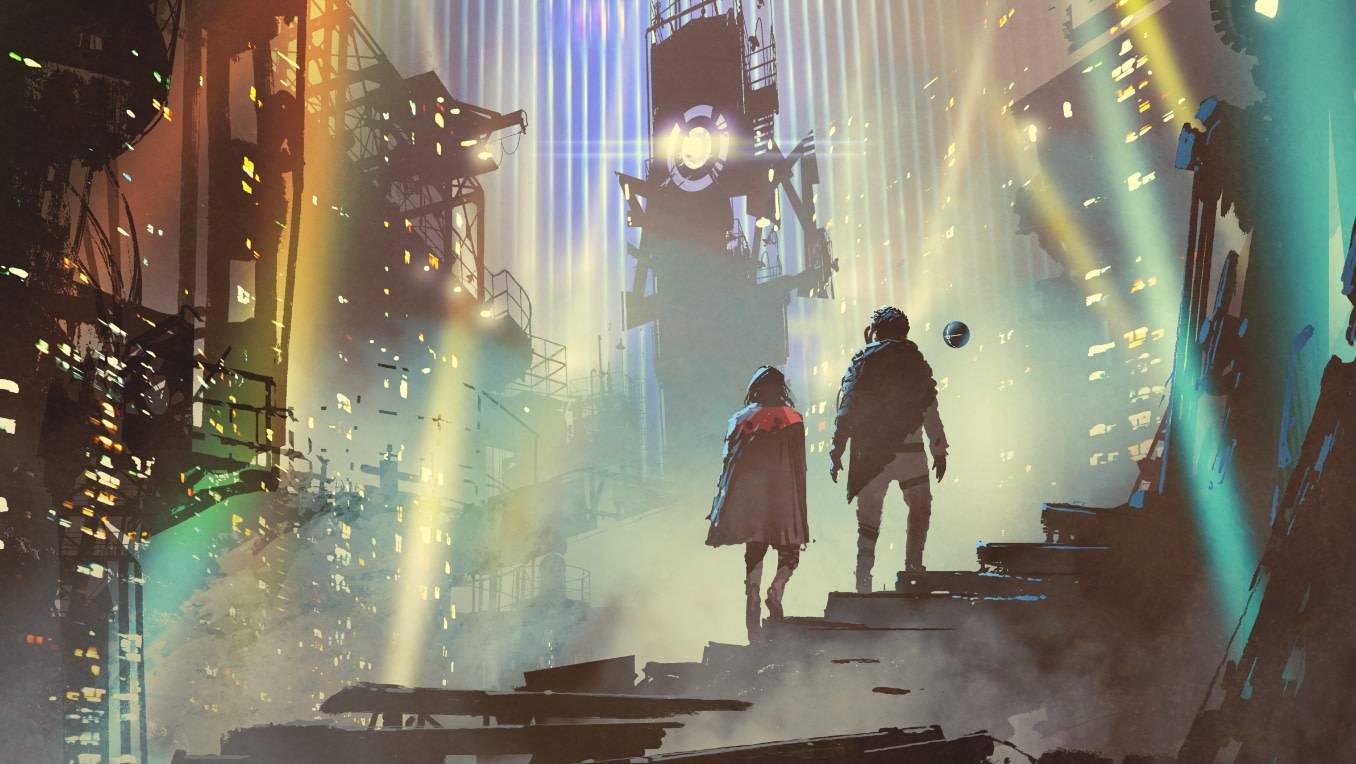A digital image of two figures climbing steps in a futuristic cityscape